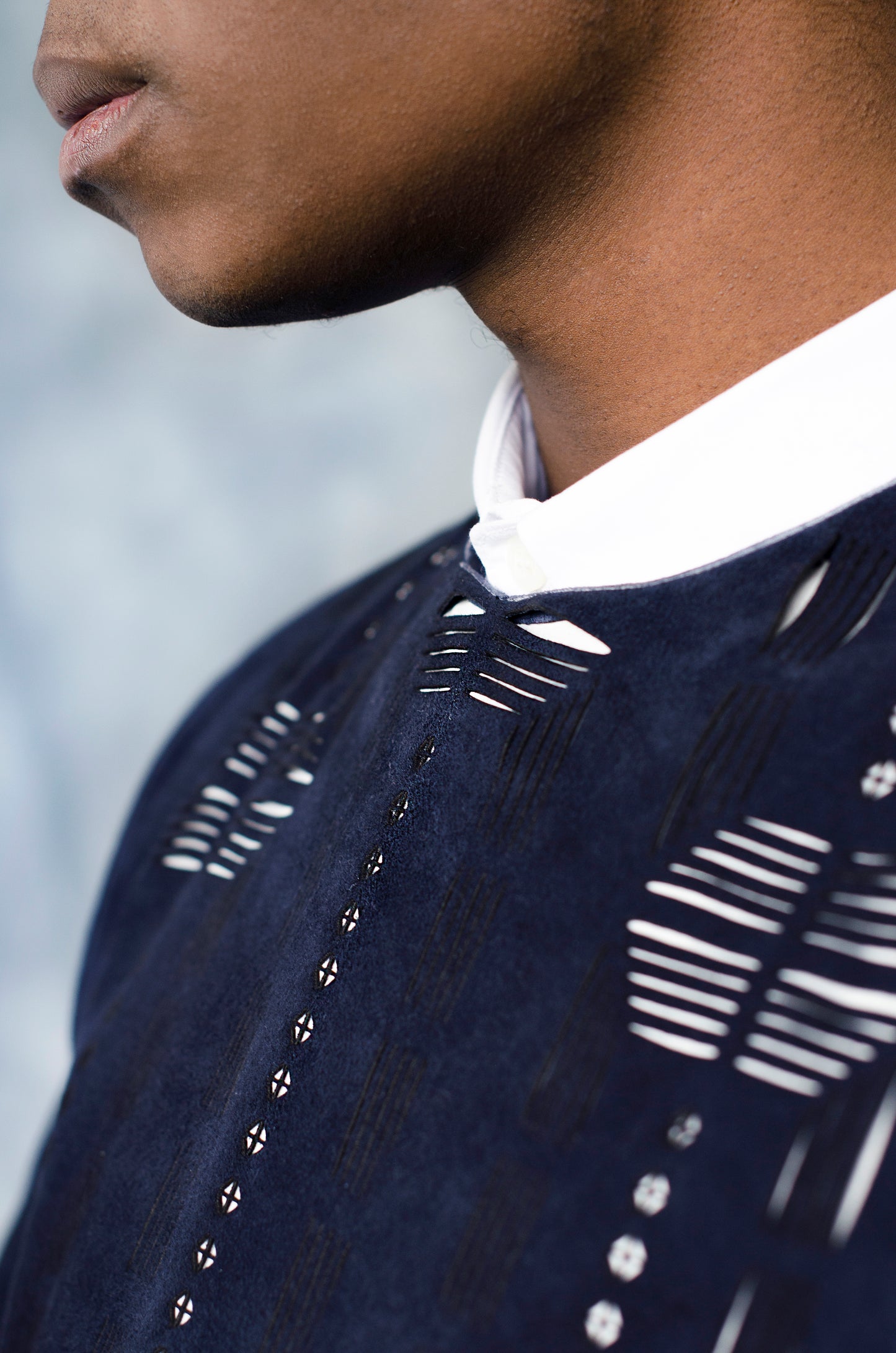 Navy Laser-cut Top with Zip in Shoulder