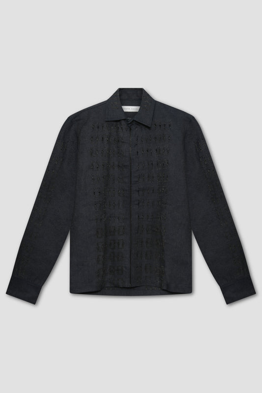 Grey Blue Laser-cut Distressed Cotton Overshirt